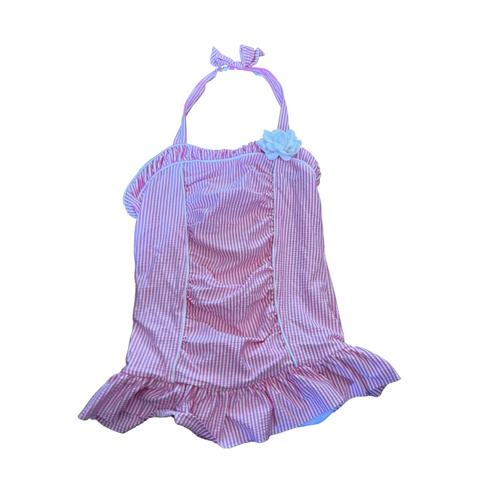 Janie and Jack Girls Pink Seersucker Stripe Ruffle Halter One Piece Swimsuit 12